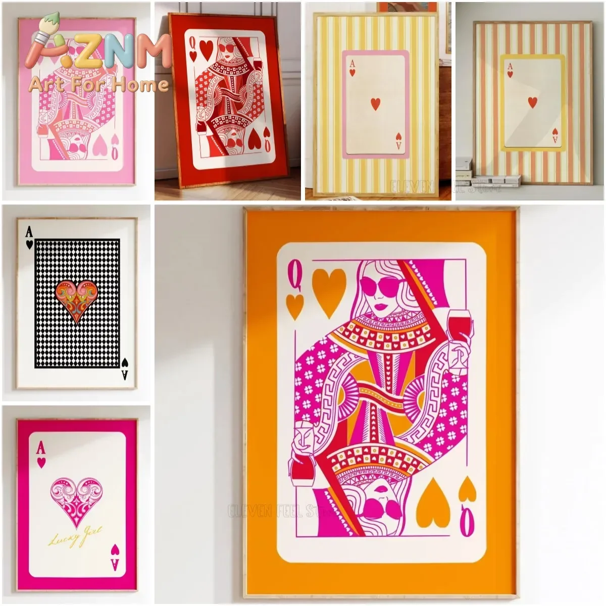 Queen of Hearts Wall Art Print Colorful Playing Card Maximalist Card Decor Dopamine Queen Illustration Bar Cafe Decor Wall Decor