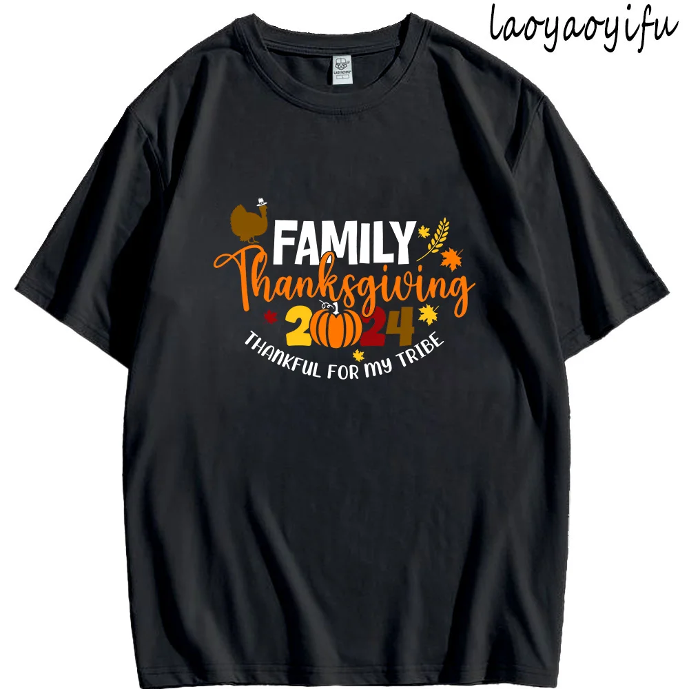 Family Thanksgiving 2024 TShirt Thankful for My Tribe Print Tops Thanksgiving Gift Vintage Women T Shirt Graphic Cotton Tee