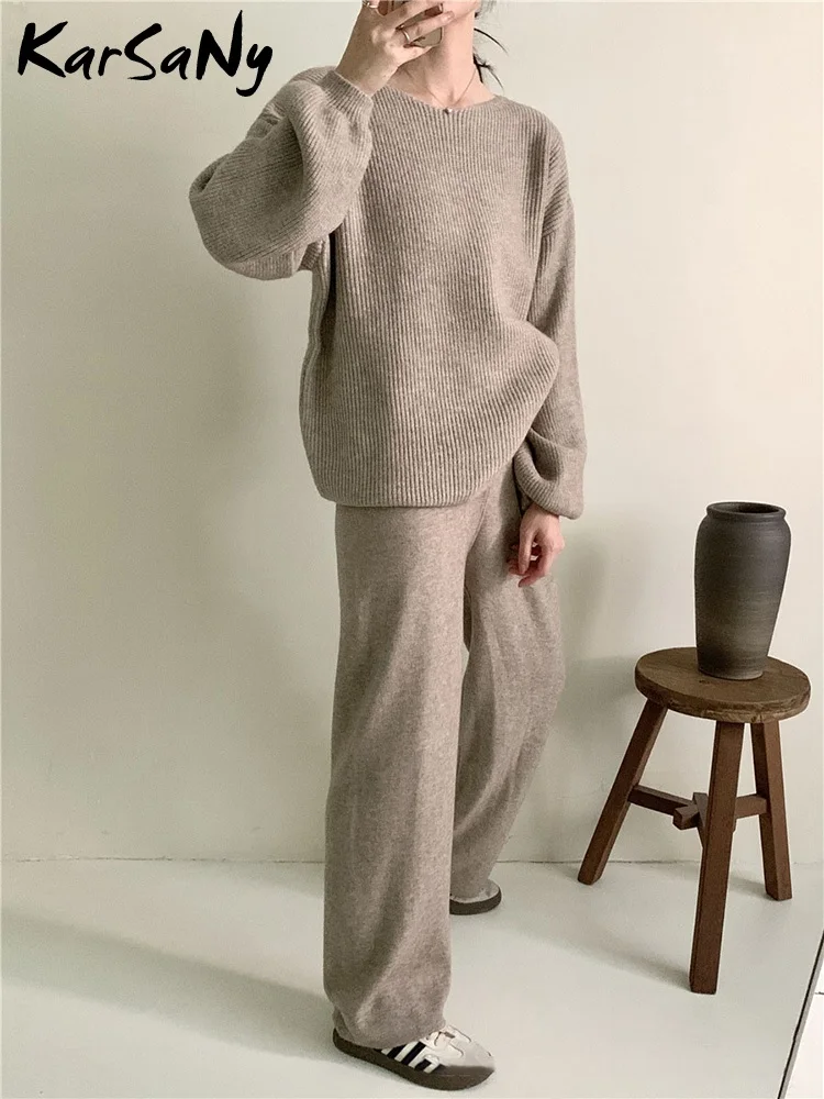 Elegant Women\'s Sets Wide Leg Kintted Pants Sets Autmun Thick O Neck Loose Solid Basic Sweaters Knitting Sets For Women 2 Pieces