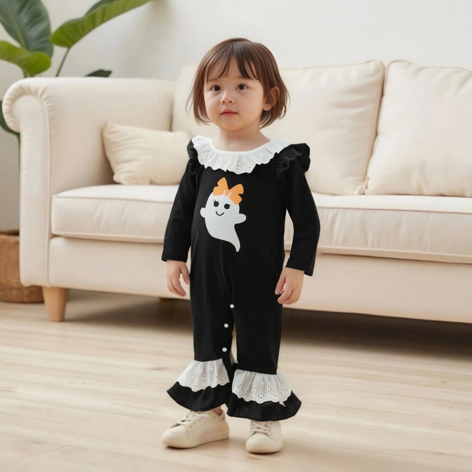

Baby Clothing Girl Halloween Romper Long Sleeve Round Neck Lace Trim Ruffle Jumpsuit Infant Pajamas