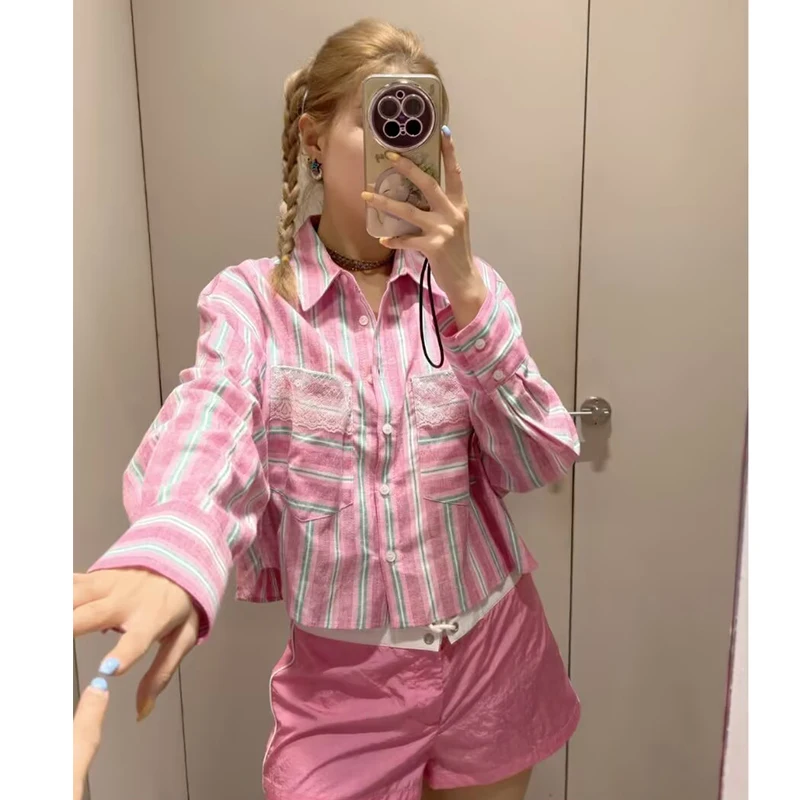 Spring New Women's Shirts 2026 Fashion Pink Stripes Elegant Loose Blouse Women's Chic Spring Street Youth Travel Holiday Tops - view 4