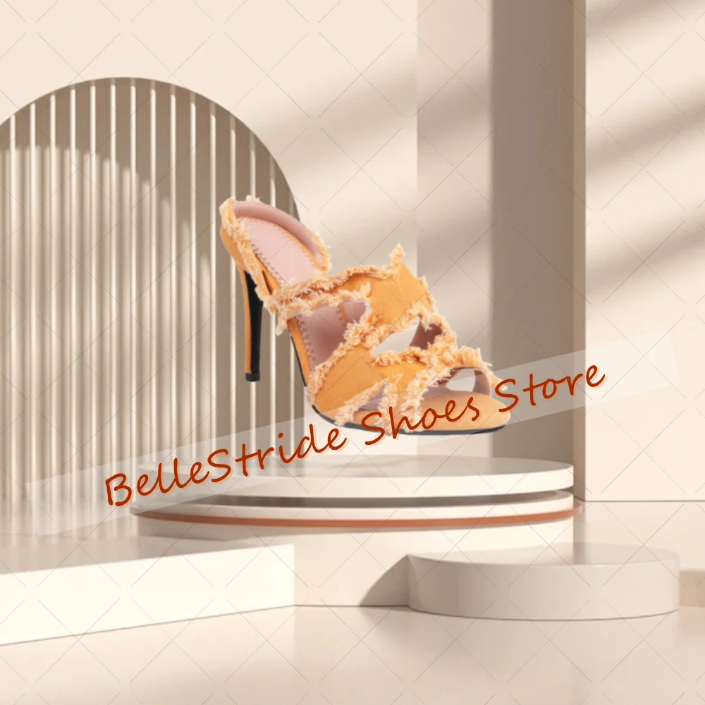 شباشب مجوفة بحواف خام من الدنيم الأحمر أحذية نسائية مفتوحة من الأمام بكعب عالٍ للحفلات والولائم والمواعدة 2025 Zapatos Para Mujere