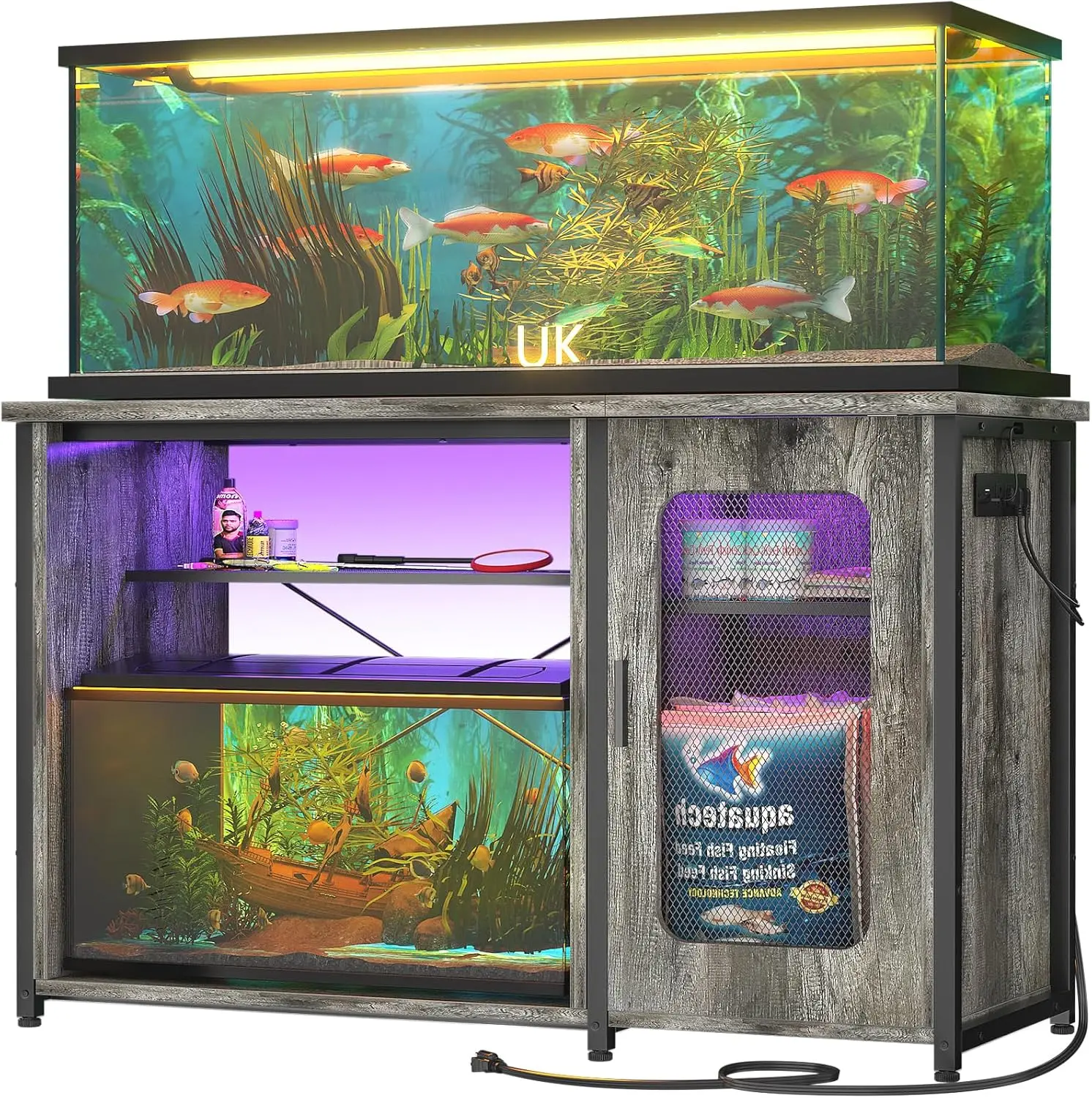 55-75 Gallon Aquarium Stand with Power Outlets & LED Light, Reversible Fish Tank Stand with Cabinet for Fish Tank Accessories