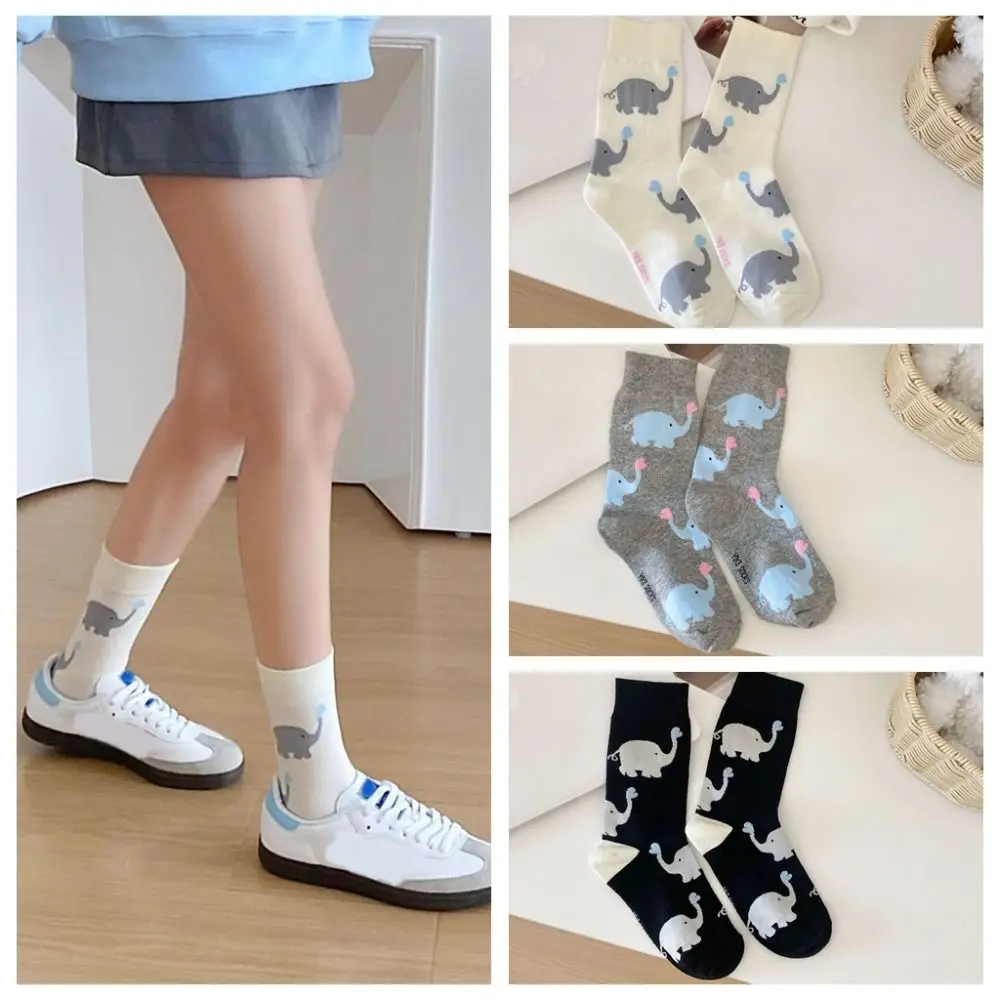 Cotton Cute Elephant Mid Tube Socks Letter Lolita Style Cartoon Animals Short Socks Ins Style Japanese Style