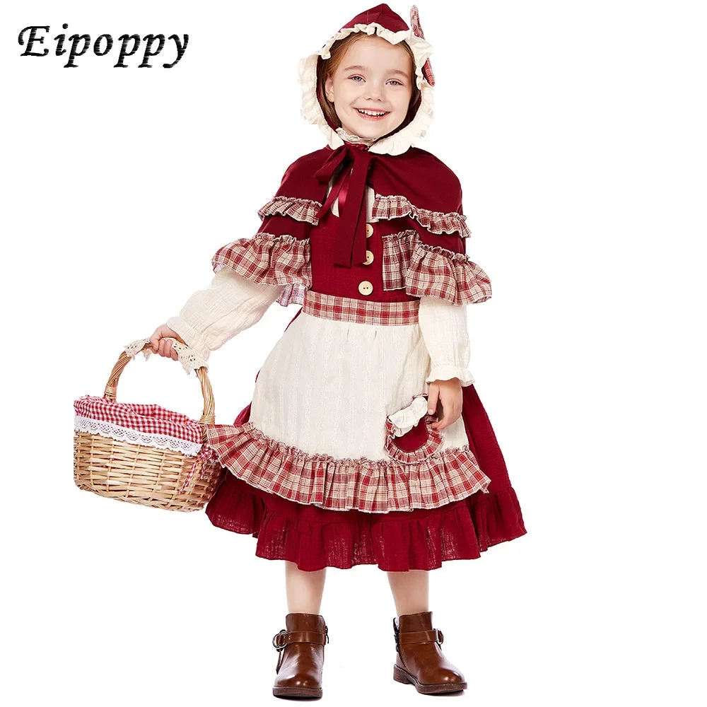 

Children's Little Red Riding Hood Costume Stage Play Performance Lolita Soft Girl Christmas Style Lace Little Red Riding Hood