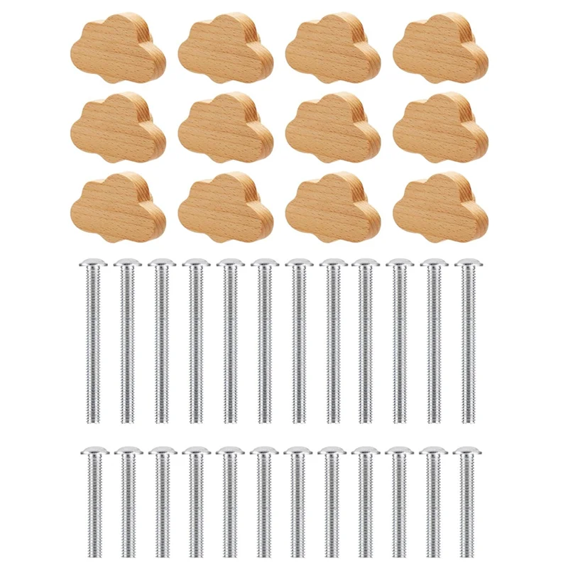 A32Z-Boho Dresser Knobs- 12 Pack Durable Beech Wood Drawer Knobs Cloud-Shaped Wooden Dresser Pulls For Cabinets, Furniture