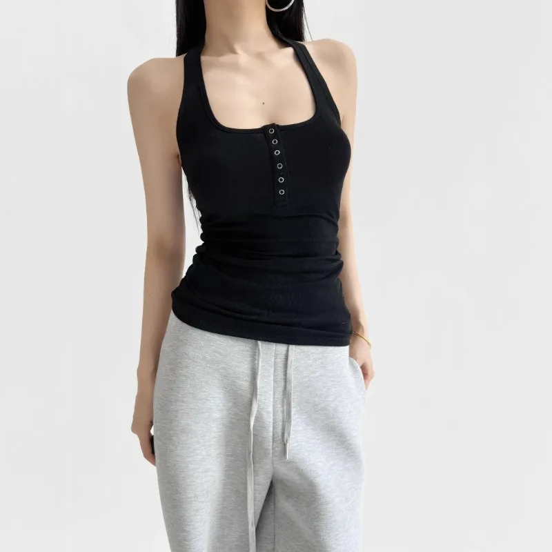 New Summer Aolid Color Lightweight Top Slim Fit Hanging Neck Five Claw Buckle Door No Exposed Back Large Round Neck Casual Vest