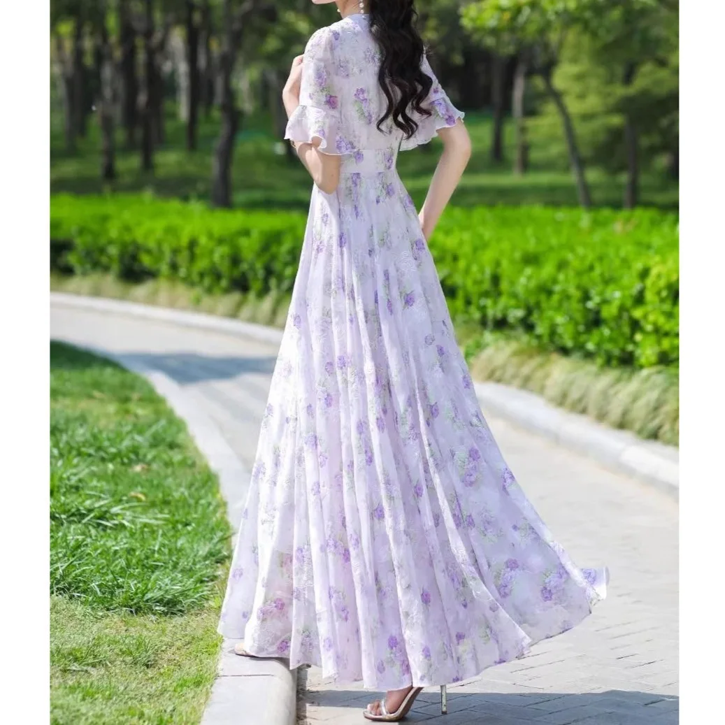 Gentle Summer 2026 Fairy New Style French Dress Elegance Chiffon Slimming Floral Vacation Long Dress Soft Gauzy V-neck Short ...