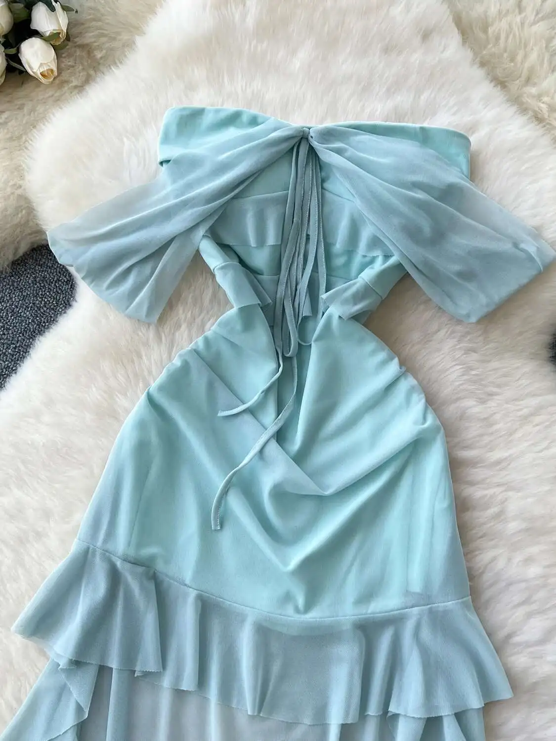 French Off Shoulder Sexy Beach Dress Women Summer Shawl Sleeveless Irregular Long Dresses Ladies Chiffon Boho Green Long Robe