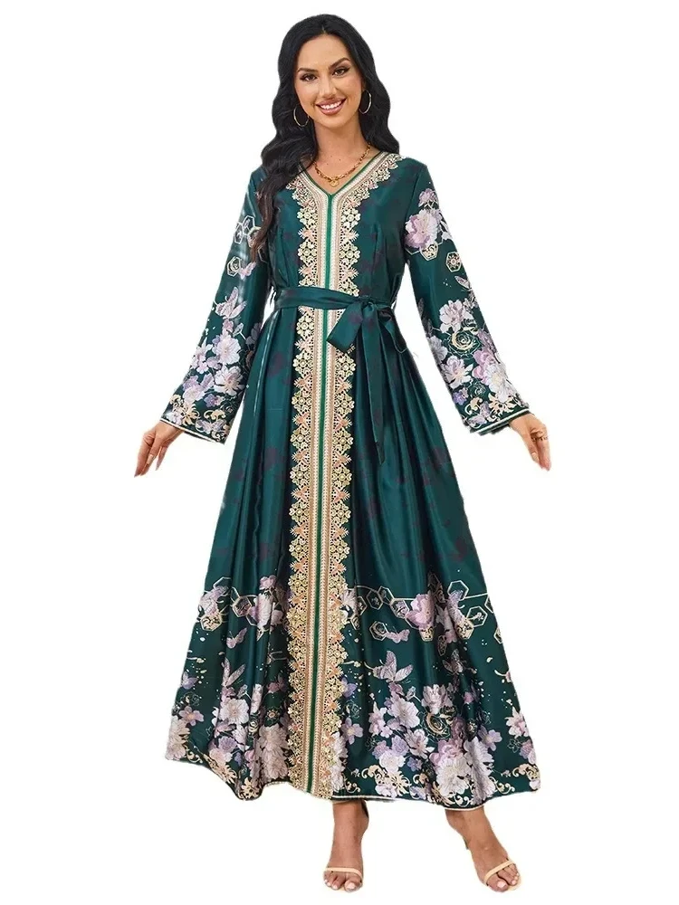 Abaya Kaftan Flower Print Dress Muslim Party Vestidos Sashes Jalabiya Eid Ramadan Morocco Dubai Abayas Islam Arab Long Robe