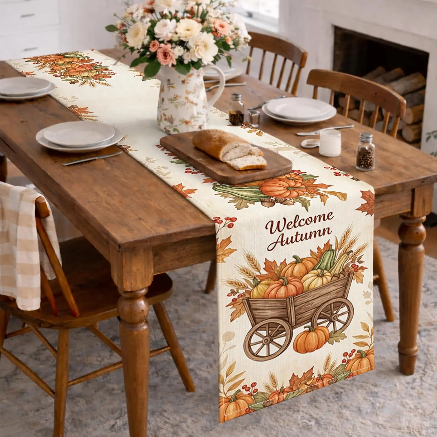 Fall Pumpkins Maple Leaf Linen Table Runner Party Decor Farmhouse Autumn Harvest Kitchen Dining Table Runners Thanksgiving Decor