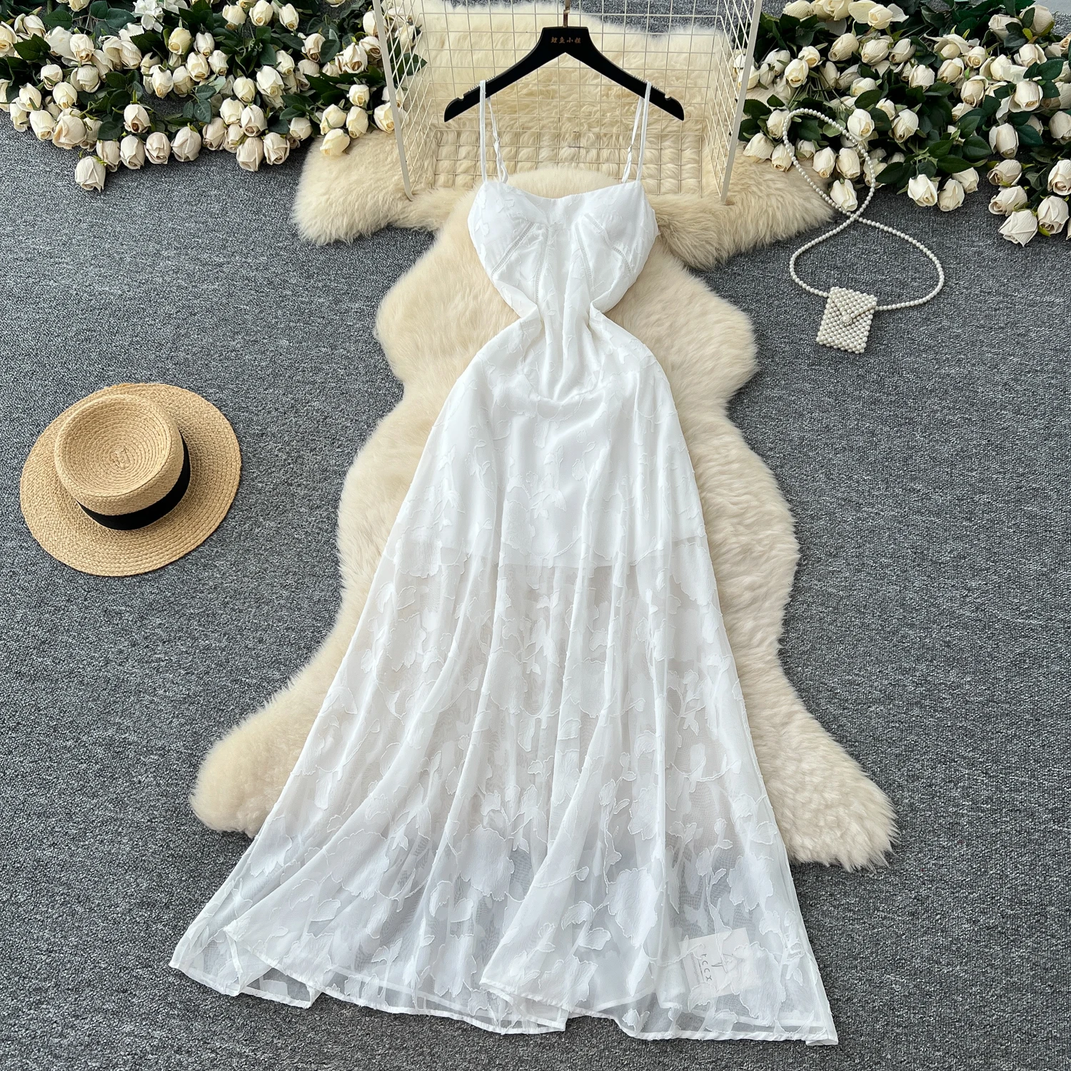 Chic vintage jacquard sin mangas delgado elegante Hada moda coreana Boho vestido veraniego ropa de mujer vestido largo