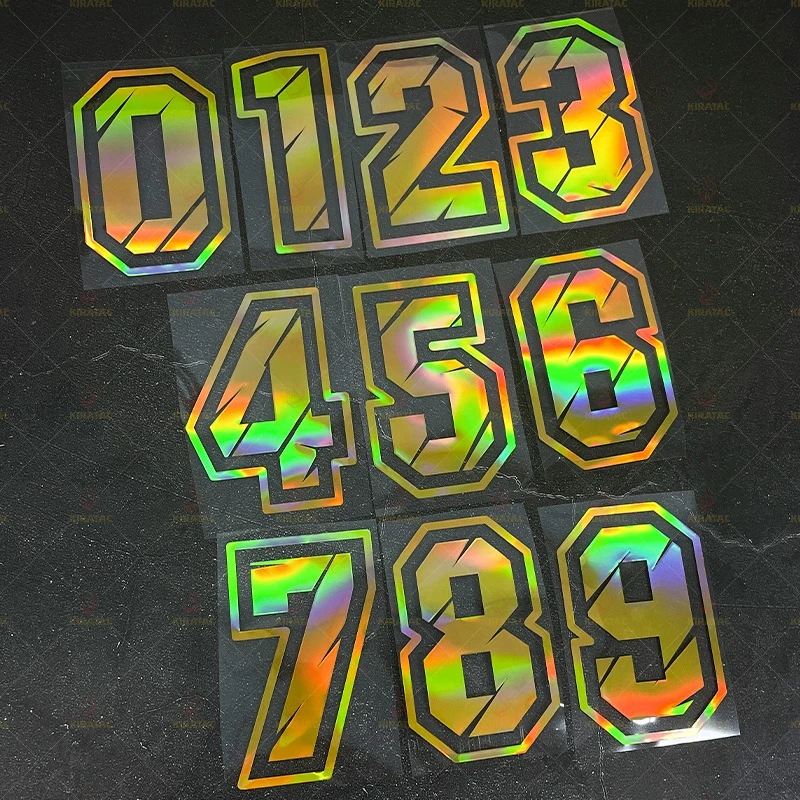 

1 шт., золотые лазерные наклейки с номером от 0 до 9, водонепроницаемые наклейки для мотоциклетного шлема, обтекатель хвостовой коробки, кузов автомобиля, универсальная виниловая наклейка