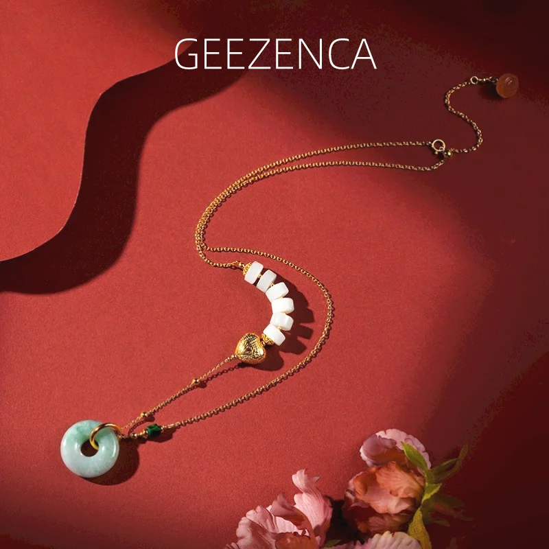 

GEEZENCA S925 Silver Gold Plated Jade Peace Buckle Pendant Necklace For Women Vintage Handmade Chinese Style Lucky Necklace