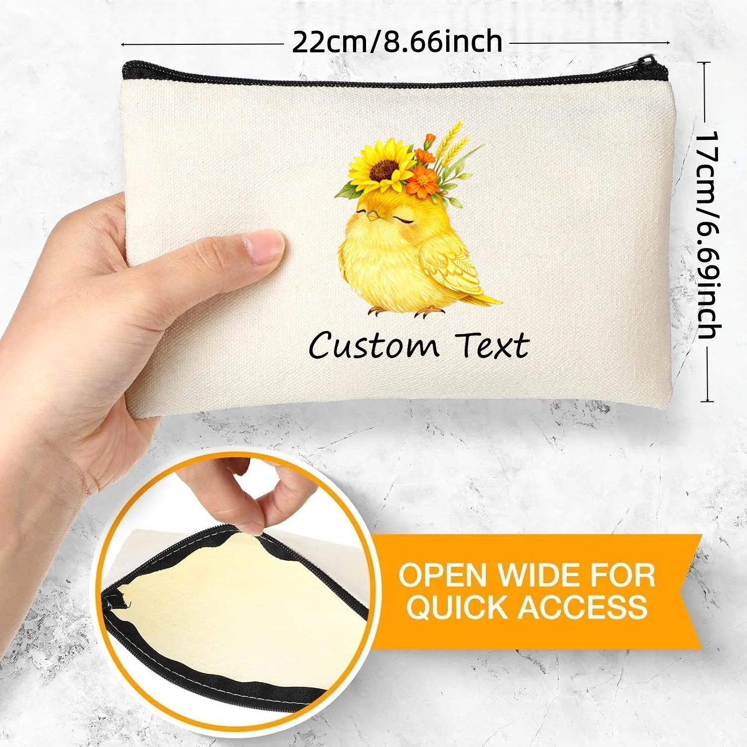 Custom Text Yellow Bird With Sunflower Crown Cosmetic Bag Personalized Canvas Zipper Makeup Pouch