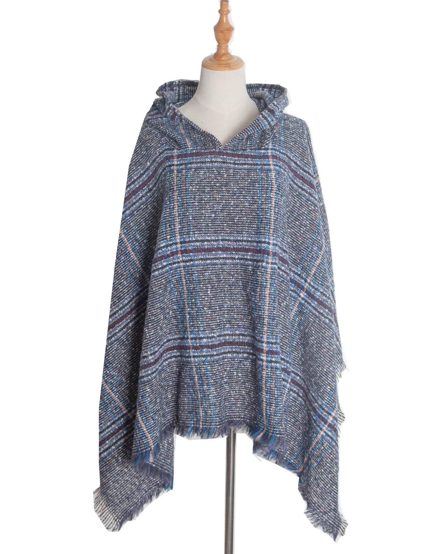 New Spring Autumn Loop Yarn Barbed Hair Large Plaid Hooded Cape Fashion Street Poncho Lady Capes Blue Cloaks