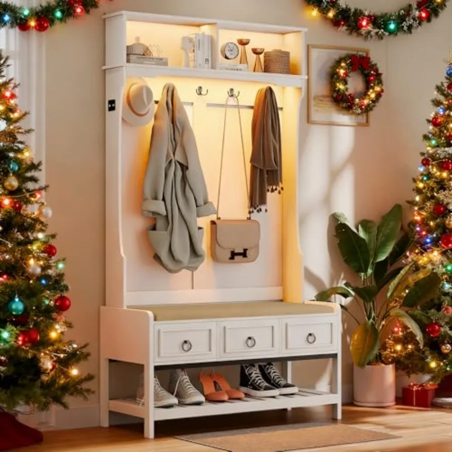 Farmhouse hall tree for entryway use, made of wood, white finish, with cushioned bench and concealed shoe storage