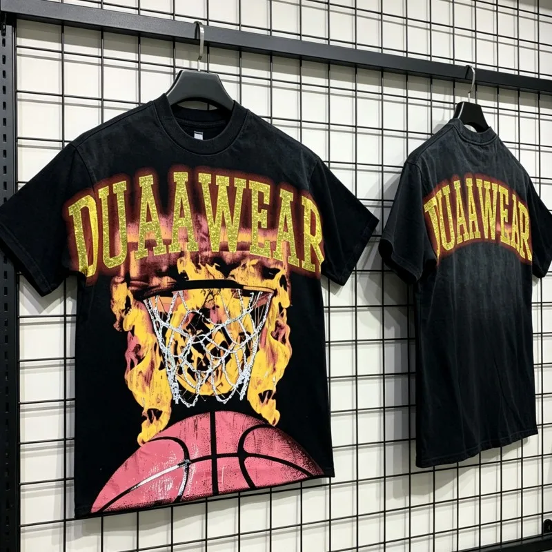 Flame Basketball Print Vintage Distressed DUAA Tshirts Rhinestone Letter Cotton Round Neck Short Sleeve Men Women Streetwear