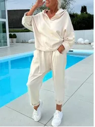 Fashionable Long-sleeved Hooded Top + Pants 2-piece Set For Women Elegant Spring Autumn Solid Color Casual Sports Suit Female