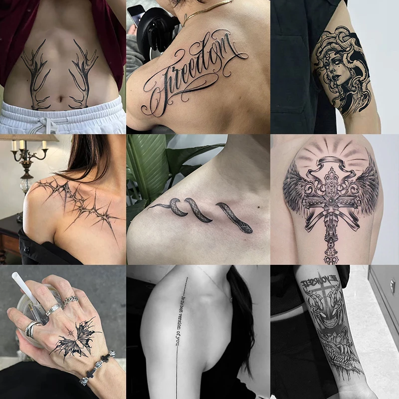 

9 Large Herbal Tattoo Stickers, Including 2 Collarbone Tattoos, 1 Antler Tattoo, 2 English Tattoos, 1 Butterfly Tattoo, 1 Medusa Tattoo, 1 Anime Element Tattoo, Lasts for 7-15 Days, Waterproof and Friction-Resistant, Realistic Effect, Suitable for People 