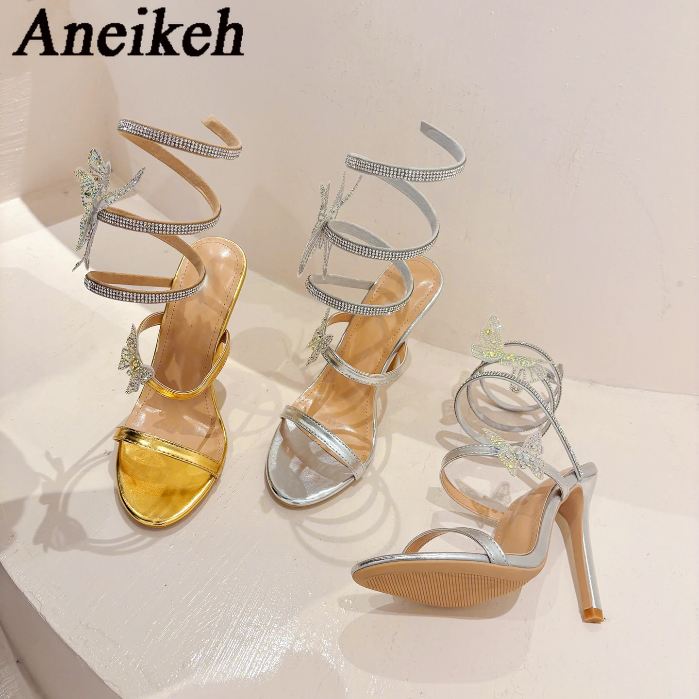 Aneikeh Summer Sexy Water Diamond Slim Heel Diamond Butterfly Fashion Sandals High Heels Women Slides Slip-On Party Pumps Shoes