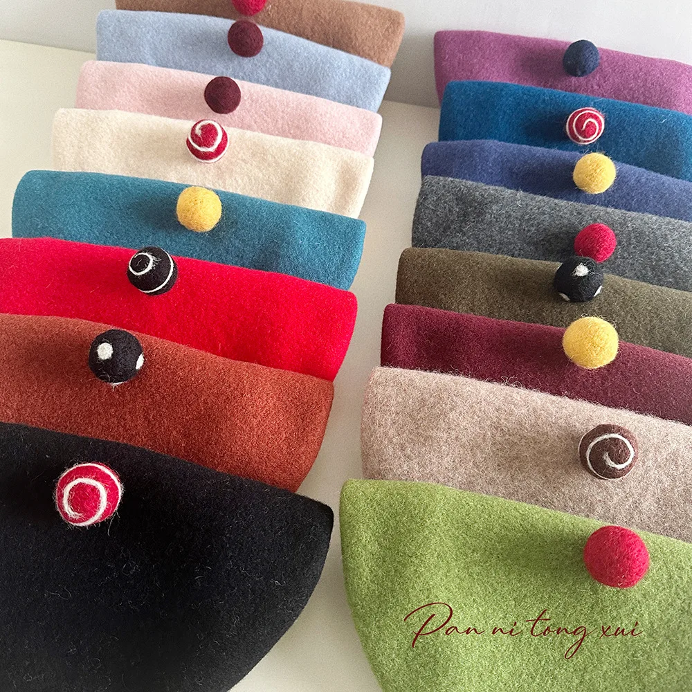 

Korean Hairball Wool Blend Beret Women Autumn Winter Woolen Knitted Painter Hat Female Vintage Artist Cap Beanie Hat Retro Cap