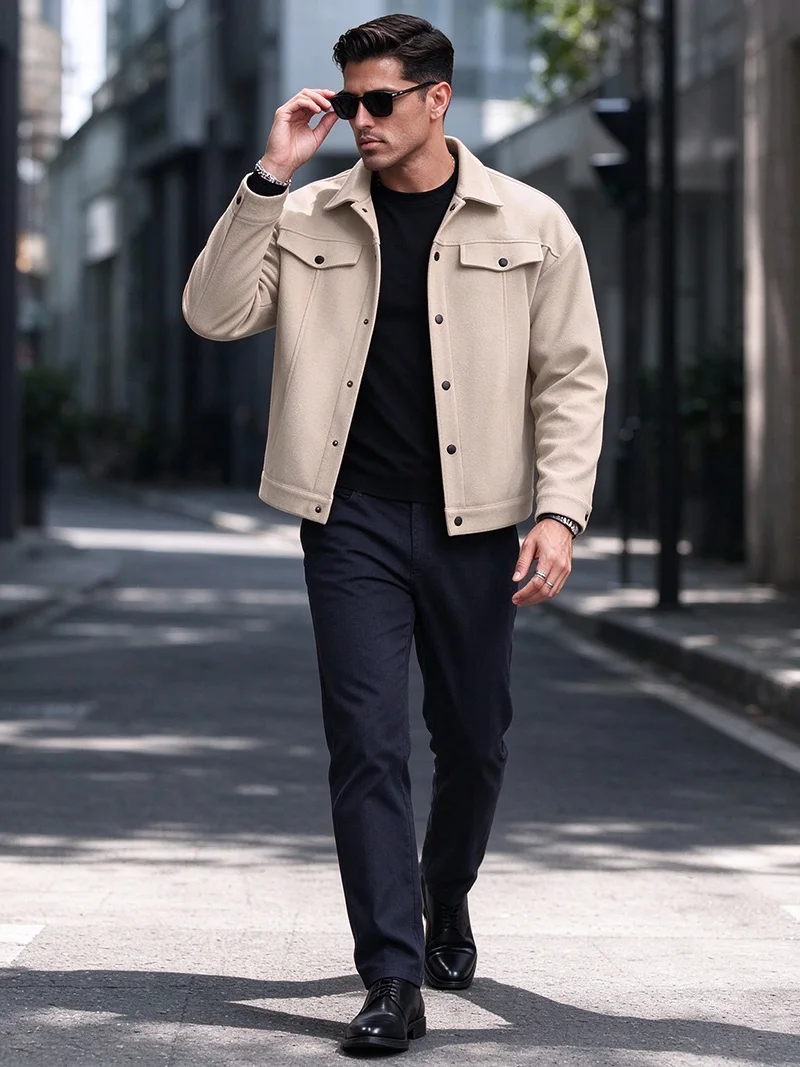 Herrenjacke aus gebürstetem Polyester, Reversjacke mit Knopfleiste/Reißverschluss und Tasche, bequeme, lässige Herbst- und Winterjacke für Büro und Business – Detail 33