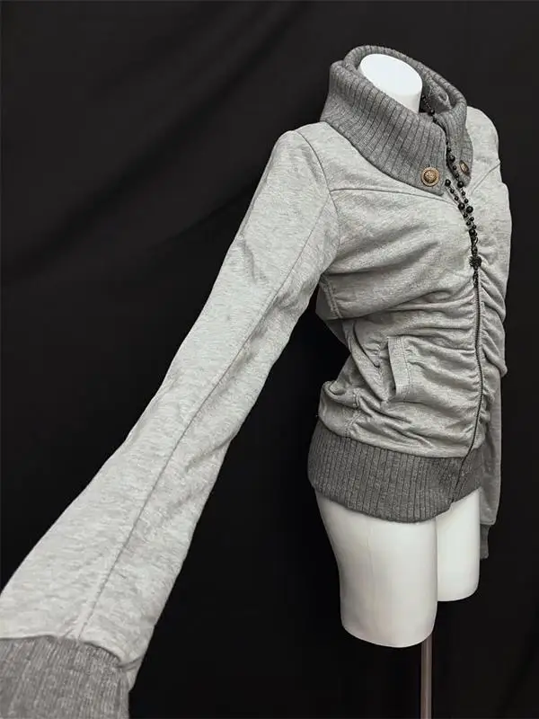 Sudadera con capucha estilo callejero americano Retro plisada con cuello alto y cremallera para mujer, sudadera gris de gran tamaño con puños acanalados, chaqueta estilo Y2K