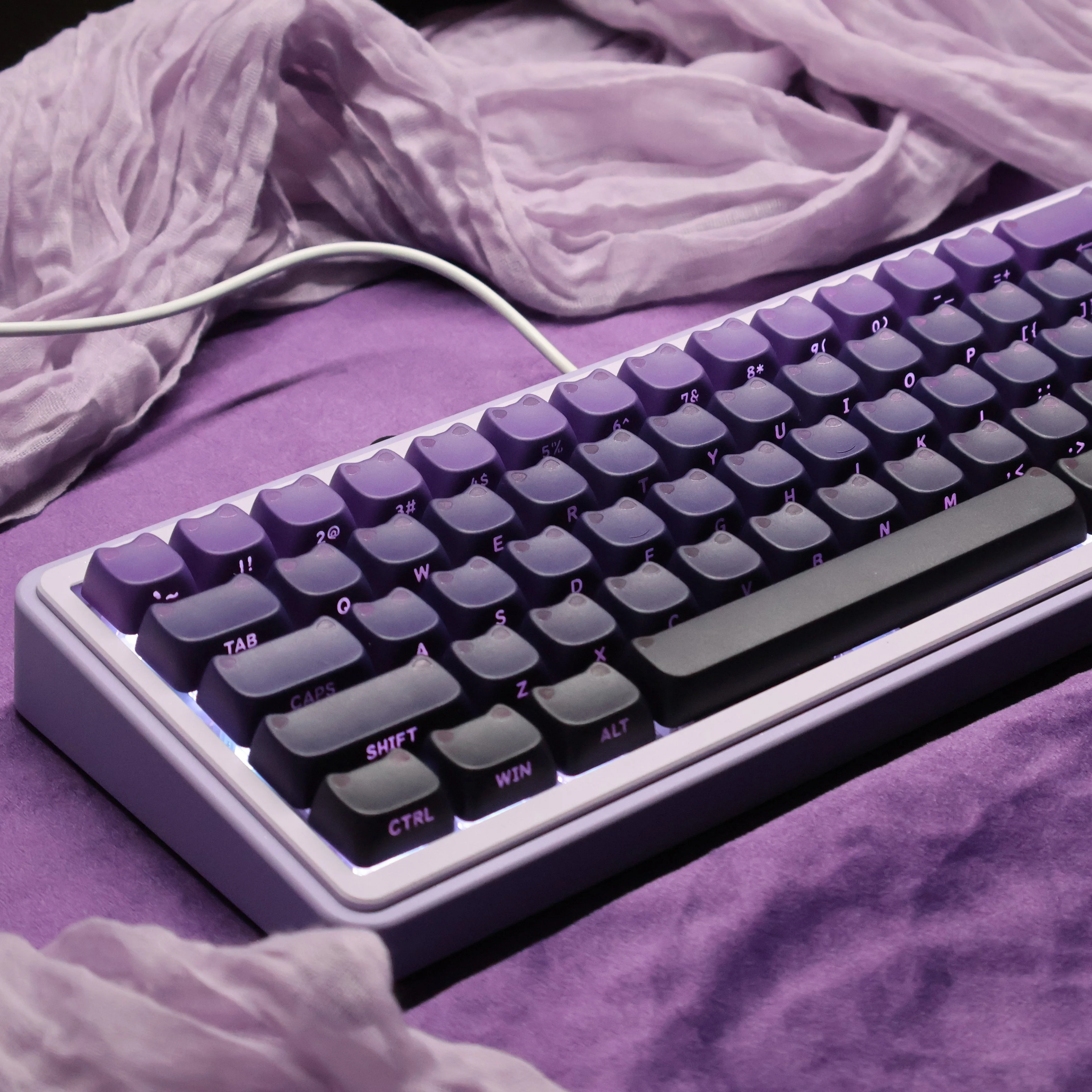 MAO Profile Dye Sub PBT Keycaps Gradient Purple Cute Cat Ear Side Print RGB Backlit Keycap for MX Switches Mechanical Keyboard