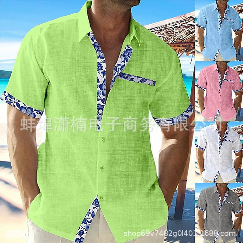 

Hawaiian Shirt Linen Short Sleeve Shirts Spread Collar Beach Button Down Shirt Chest Pocket Slim Fit Light Blue White Casual