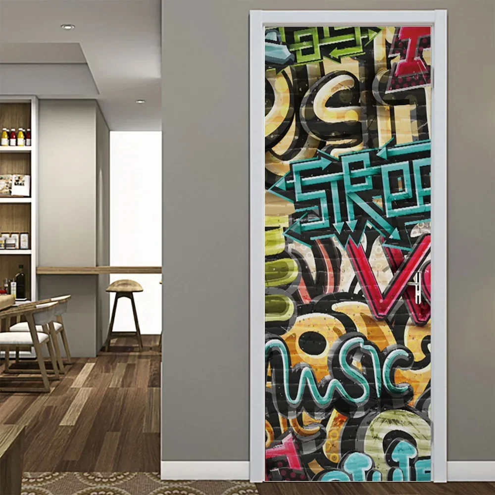 Color Graffiti Door Sticker Hip Hop Hippie Art Self-Adhesive Wallpaper for Youth Boys Bedroom Cartoon Mural Doors Cover Poster