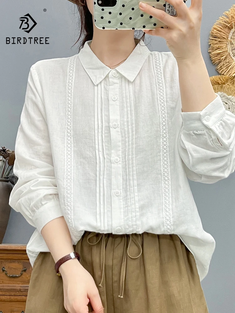 

New 2025 Autumn Cotton Yarn Long Sleeve Shirt, Women Turn-down Collar Embroidery, Mori Girl Retro Casual Loose Blouse T58720CC