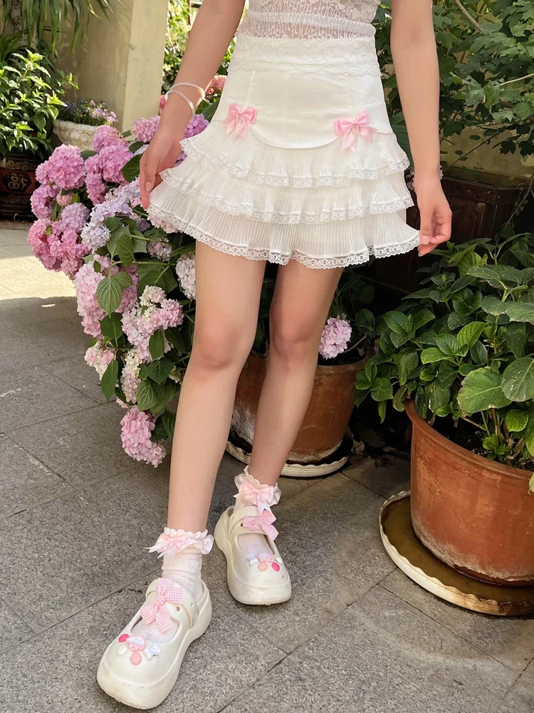 Cute Cake Skirts for Sweet Girls Summer Bows Decoration Lolita Style White Pleated Skirt Kawaii Clothes fsle retro denim blue women mini skirts high waist pocket decoration short denim pleated skirt 74 1% cotton spice girl skirt