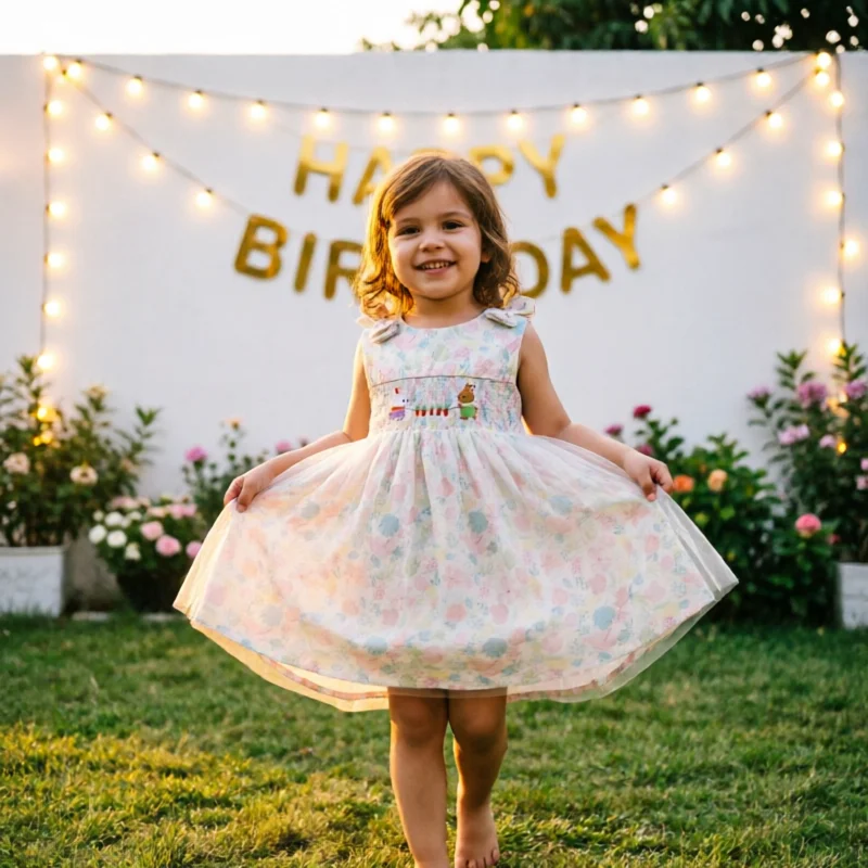 Girls Dress Summer Spanish Style Pink Smocked Princess Cute Bunny Embroidery Mesh Tulle Cotton Print Dress For Toddler Kids Girl