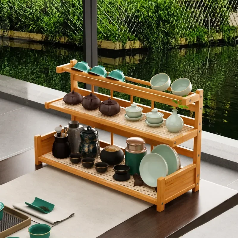 Desktop Teacup Rack Small Solid Wood Bogu Shelf Table Tea Set Organizer Chinese Teapot Display Stand for Home Kitchen Storage