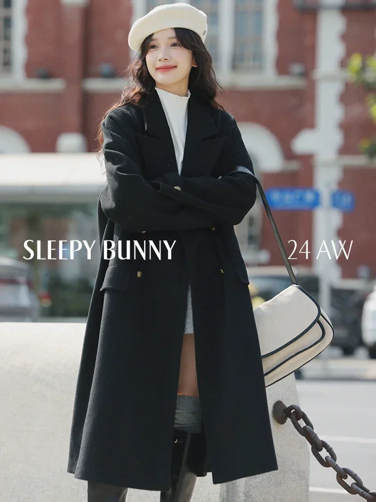 Retro Closure Collar Wool-like Coat Women Black Long Overcoat Elegant Casual Autumn Winter Fashion Chic Outerwear 2025 Trendy