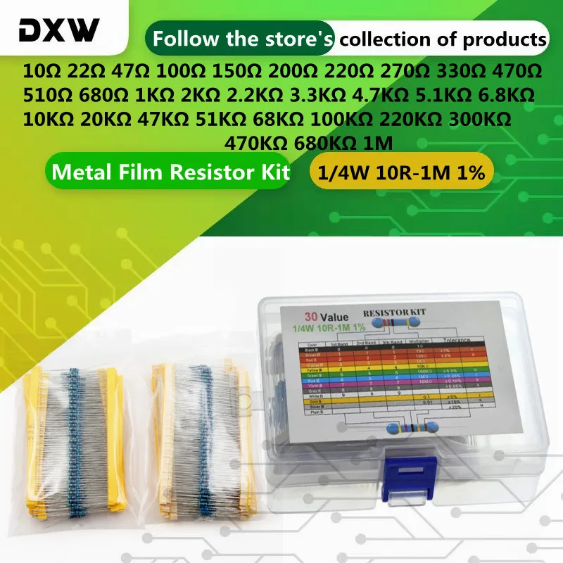 600PCS/Lot 1/4W 10R-1M Metal Film Resistor Kit 1% 30ValuesX 20pcs 0.25W 22R 47R 100R 330R 680R 1K 10K 100K 470K 1M  Assorted Kit