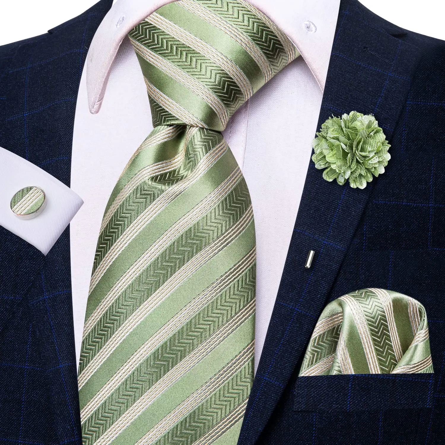 

2023 New Striped Sage Green Silk Business Tie Hi-Tie Designer Men Necktie Luxury 8.5cm Hanky Cufflink Brooch Wedding Tie For Men