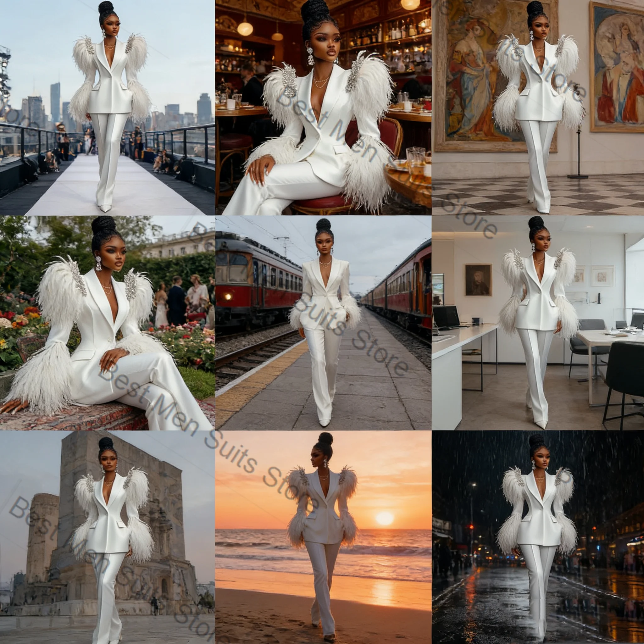 

Luxury White Feather Women Suit Set 2 Pcs Blazer Pants Trousers Formal Office Jacket Customized Wedding Tuxedo Guest Coat