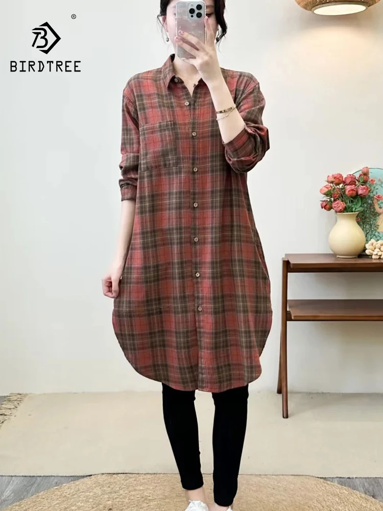 

New Summer Cotton Long Sleeve Shirt Lapel Plaid Vintage Top Mori Girl Casual Loose Versatile Long Blouse 2024 Autumn T47413QC