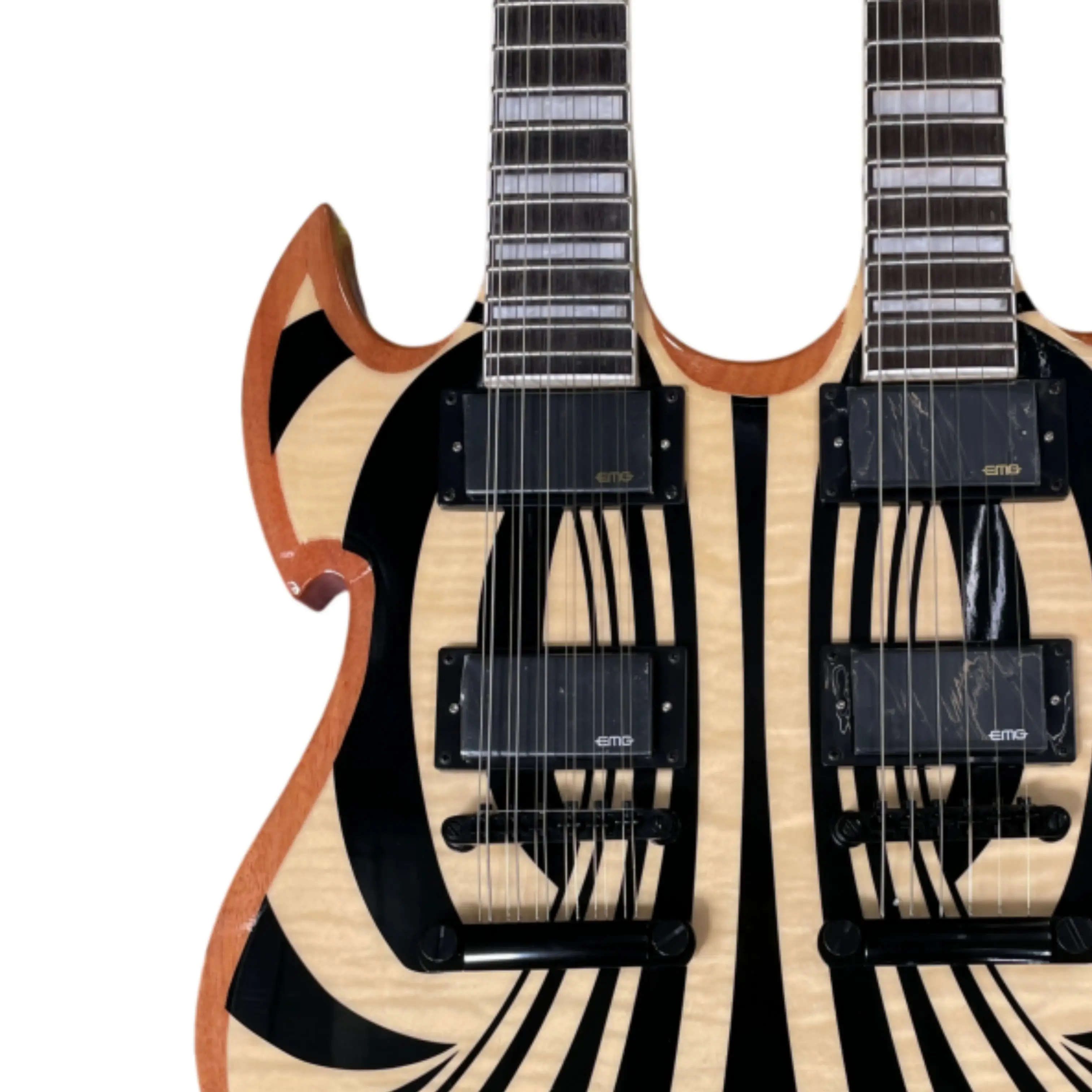 12+6 String Shape Dual Neck Electric Guitar, Wood Grain Top with Black Art Graphic Guitars, for Heavy Metal Rock Stage Guitarra