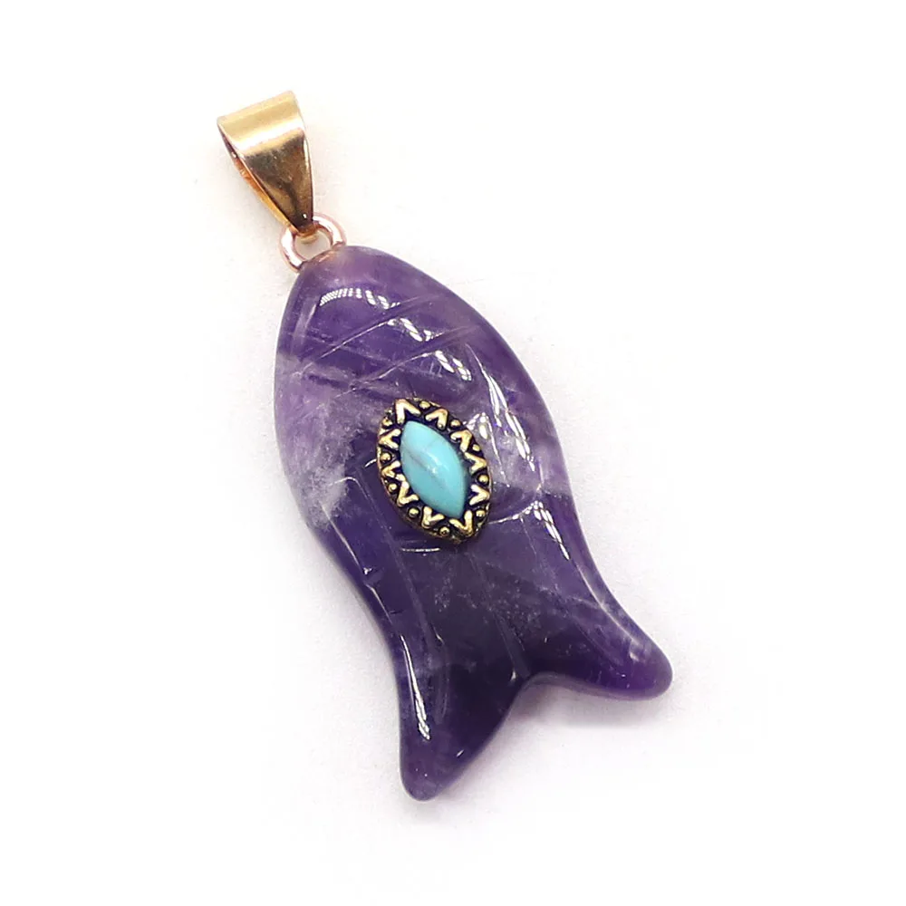 Carved Fish-Shaped Natural Black Agate Green Aventurine Clear Quartz Pendant With Golden Seed-Shaped Clasp Jewelry Accessory 1pc