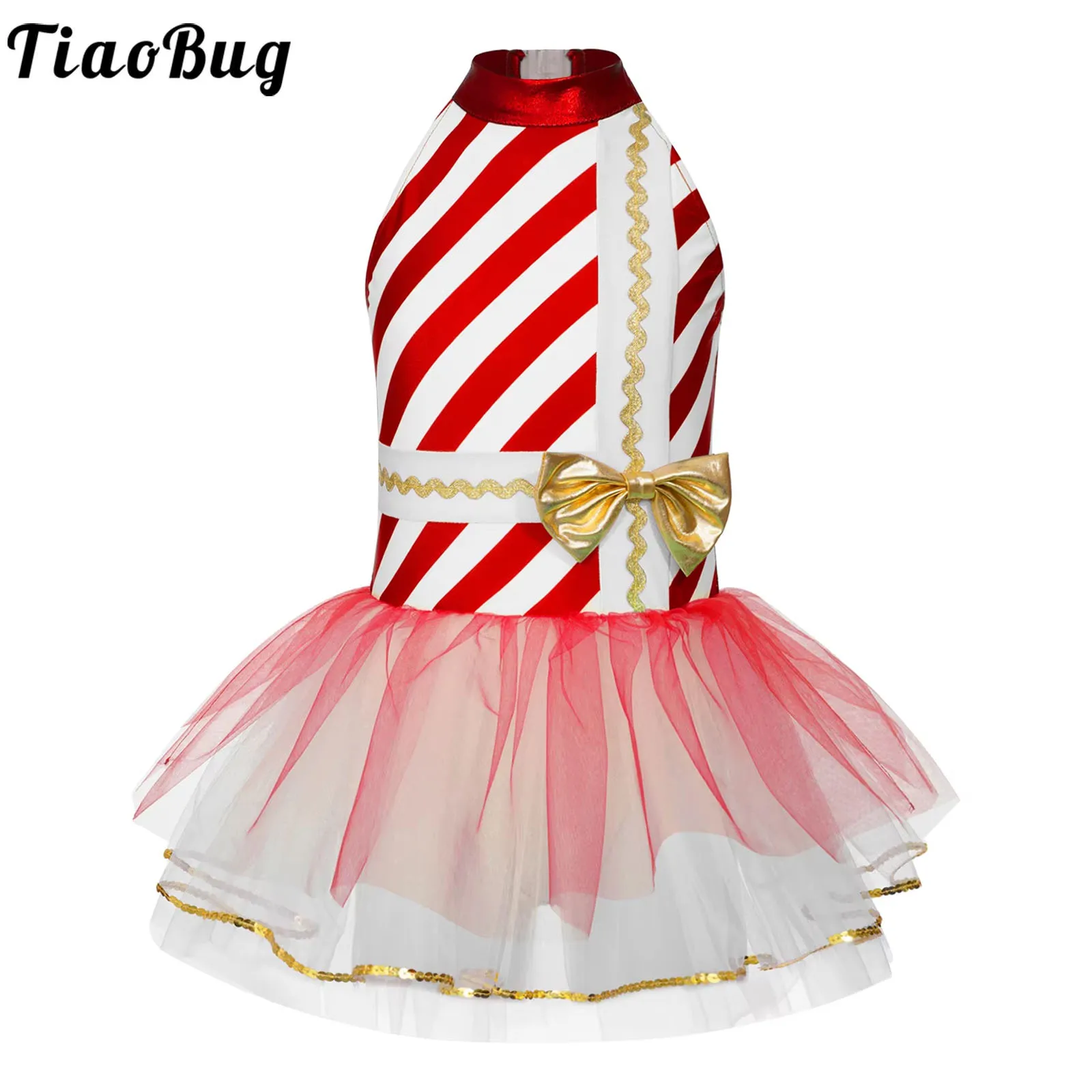 Kids Girls Ballet Tutu Dress Candy Cane Striped Elf Christmas Dress Santa Sweetie Ballerina Leotard Figure Skating Dancewear