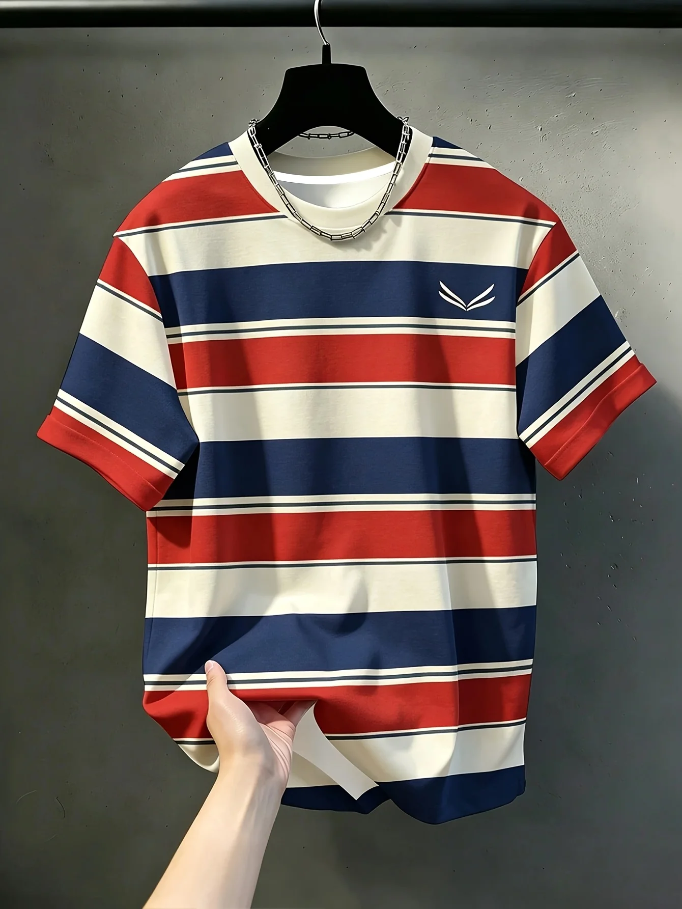 Men Mesh Sports T‑Shirt Contrast Color Stripe Embroidery O‑Neck Short Sleeve Summer Casual Daily Top