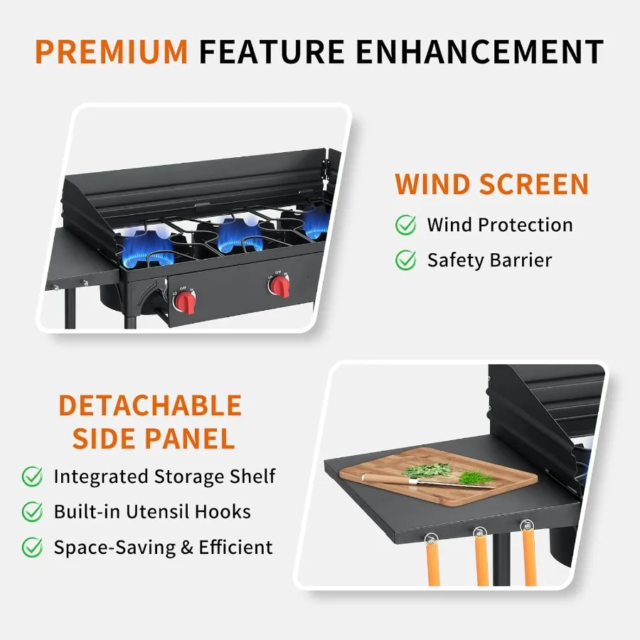 Tragbarer Propankocher mit 3 Brennern, Seitenregalen und Windplatte für Outdoor-Camping, Hinterhof und Picknick, mit 225.000