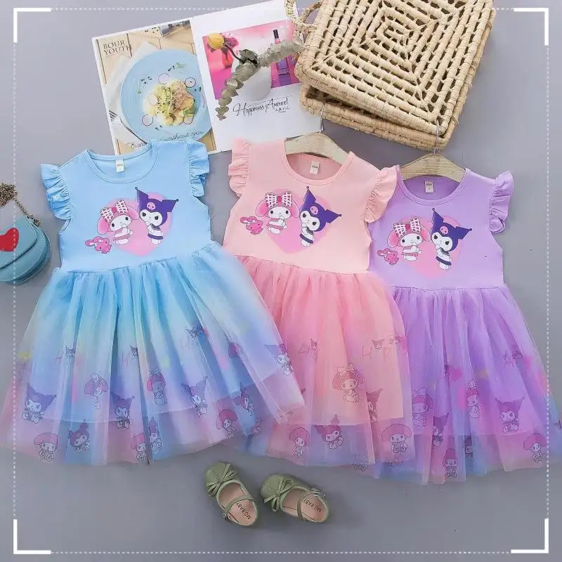 Sanrios Short Sleeve Dress Kawaii My Melody Kuromi Girl Fashion Mesh Skirt Cute Sweet Princess Dress Party Skirt Birthday Gift