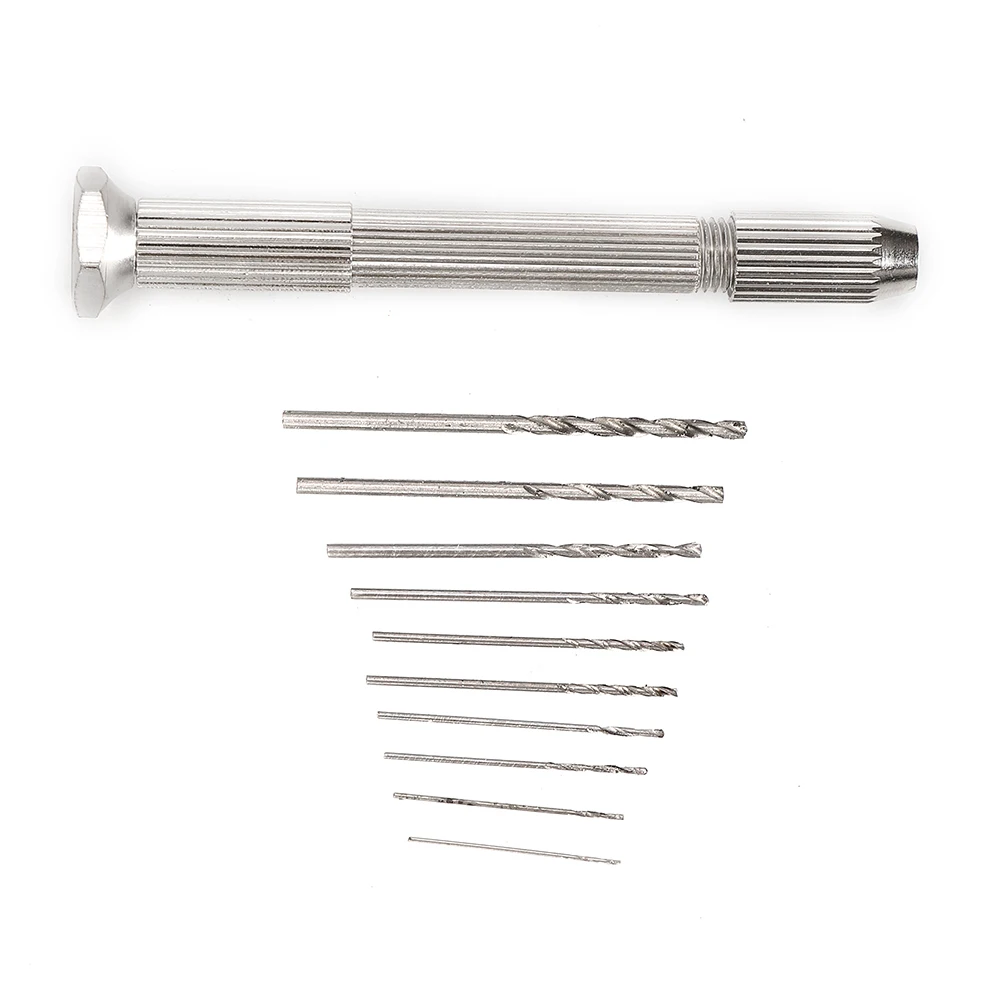 10Pcs 0.8mm-3.0mm Mini Micro Aluminum Hand Drill With Keyless Chuck HSS Drill Bits Woodworking Drilling Rotary Tools