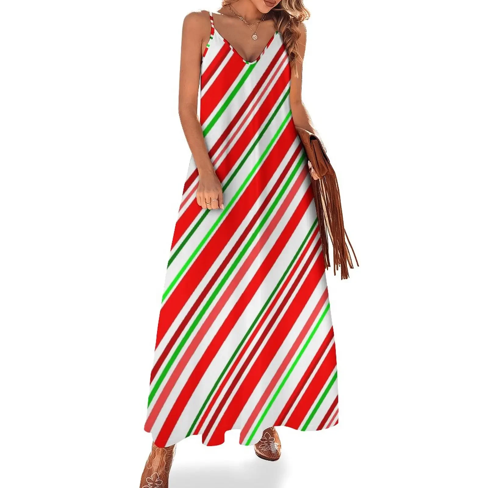 

Candy Cane Stripes Red Green White Sleeveless Dress luxury dresses long dresses for women