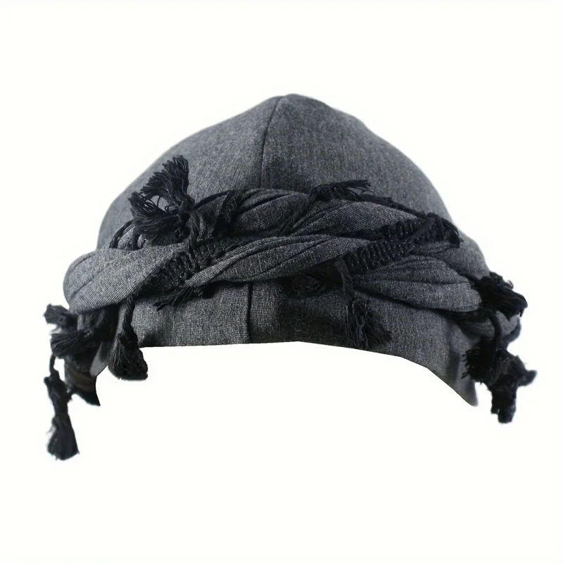 

Black Grey Turban hats for Men Vintage Satin Inside Twist Ethnic Head Wraps Durag with Tassel for casual outdoor sport wear