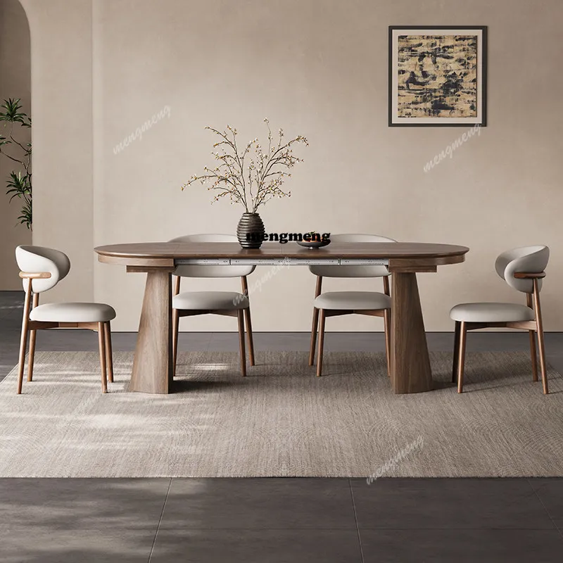 Solid wood folding dining table, round retractable table, French restaurant, small home layout